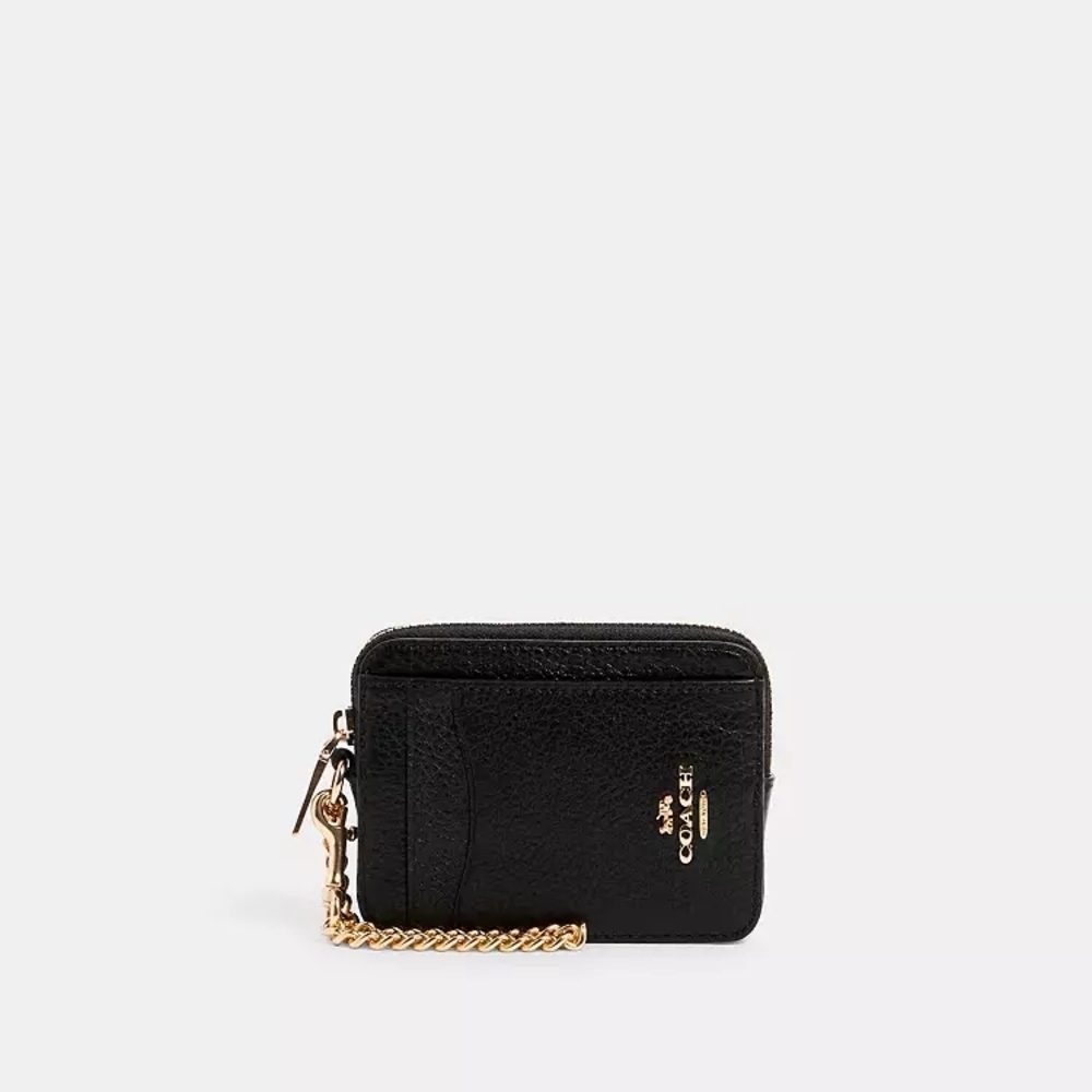 Coach Black Card Case with Gold Chain Accent